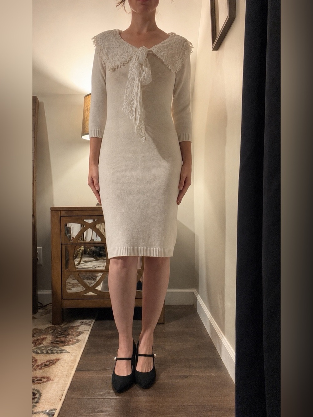 VTG 80’s Cream Lace-Trim Bow Tie Knit Dress 3/4 Sleeve Size Medium